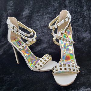 Luichiny White Leatherette Gold Stud Cross Strap Sandal Shoe Spring Heels Size 8